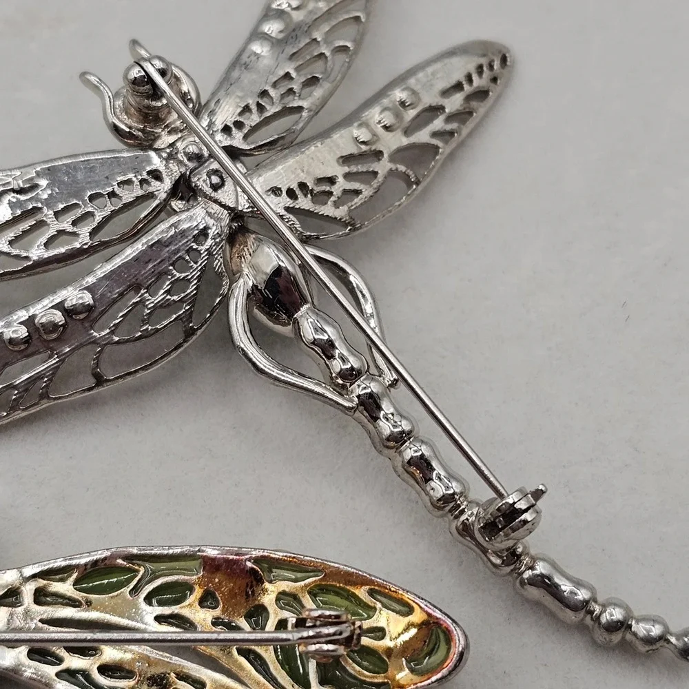 Dragonfly Brooch Pin Set 2pc Silver Tone Blue Green Rhinestone Enamel Pastels